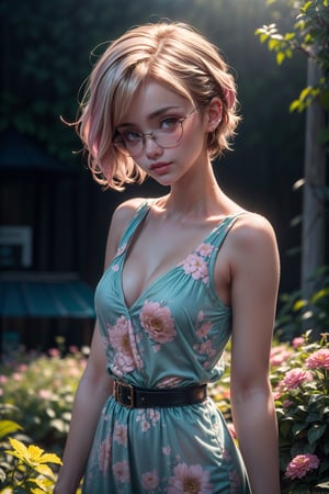 (5mm, closeup with afterglow, backlit, cute 20 year old woman in a gazebo in a flower garden, eye contact, slight smile, wearing glasses, megane, short hair), (brilliant pastel colors, dark natural hues:1.4), (dramatic pose or action pose:1.2), (Artist design by (Guy Aroch:1.3) and (Alessio Albi:1.6)), (disaster scene from a movie),