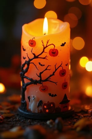 A DSLR-quality image of a decorative Halloween fake nails, press on nails, The candle is intricately designed, with spooky motifs like pumpkins, bats, and ghosts. The composition captures the candle from a close-up angle, highlighting its detailed craftsmanship and vibrant colors. The lighting is soft and warm, casting a gentle glow around the candle. The background is minimal, focusing attention solely on the decorative piece. The scene exudes a festive, Halloween atmosphere, with the candle as the central subject.