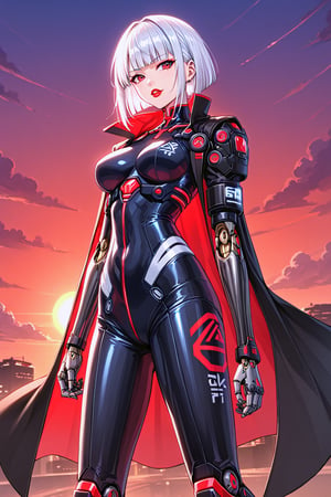 source_anime, girl in a cybernetic soldier suit with open body shapes, all five fingers, full short haircut/bob, cybernetic prosthesis, dark cyberpunk in red colors and neon, white hair, red eyes, hieroglyphs on the suit, red lipstick, robots, red sunset, active pose, looking into camera, robotic heels, anime, portrait, cloak, 