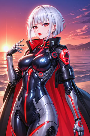 source_anime, girl in a cybernetic soldier suit with open body shapes, all five fingers, full short haircut/bob, cybernetic prosthesis, dark cyberpunk in red colors and neon, white hair, red eyes, hieroglyphs on the suit, red lipstick, robots, red sunset, active pose, looking into camera, robotic heels, anime, portrait, cloak, 