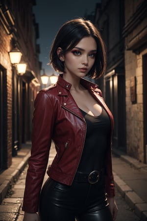 a beautiful 23 years old Ukrainian female vampire mercenary with short black hair, pale skin, wearing red leather jacket and black tight pants, holding dual handguns, view from front, waist up shot, dynamic pose, ambient lighting, photo realism, intricate face detail, intricate hand details, highly detailed, vibrant colors, cinematic, high definition, trending on Artstation--style raw (eye line:0.7) (eyeshadow:0.7), super detailed eyes, dark eye, red lipstik