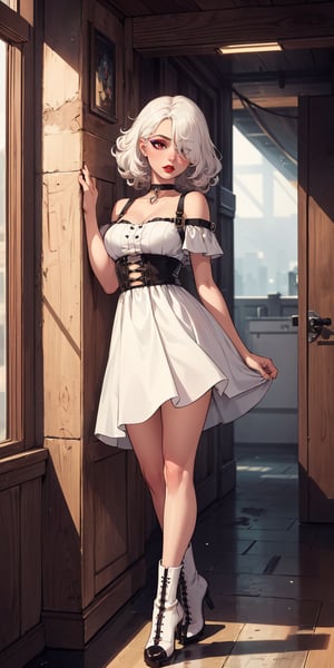 absurdres, [perfect shadows and lighting], detailed background, incredible high-key lighting, masterpiece, high quality, detailed, extremely detailed, ambient soft lighting, 4K, 1girl, white hair, blond hair, red eyes, choker, curly hair, white knitted dress with straps on the bust, high boots with heels,  hair over one eye, (eye shadow:1.3) (eye long line:1.3) (red lipstick)