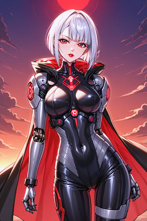 source_anime, girl in a cybernetic soldier suit with open body shapes, all five fingers, full short haircut/bob, cybernetic prosthesis, dark cyberpunk in red colors and neon, white hair, red eyes, hieroglyphs on the suit, red lipstick, robots, red sunset, active pose, looking into camera, robotic heels, anime, portrait, cloak, 