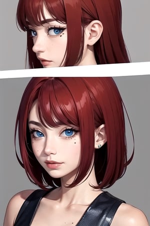  red hair, (without bangs), blue eyes, eyeliner, mole on right cheek