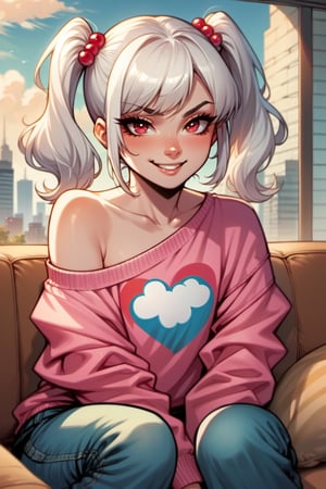 score_9, score_9_up, best quality, score_8_up, score_7_up, Comics style pony, 1girl, (couch:1.3), white hair, facing viewer, pink sweater, medium hair, twintails, flat chest, off-shoulder sweater, red eyes, bright red eyes, smug, smirk, purlple miniskirt, heart print shirt , sitting, outside, cityscape, solo, happy, looking at viewer, sitting on ledge, bare shoulders, ((rainbow in sky))