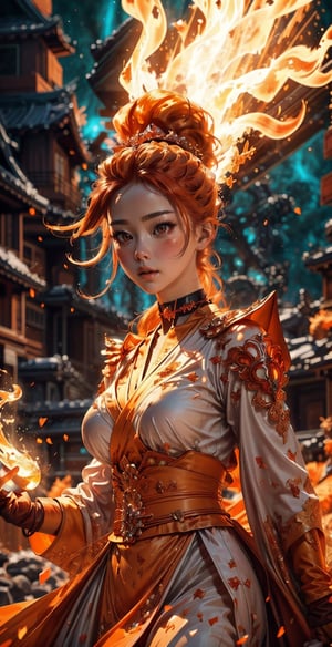 official art, unity 8k wallpaper, ultra detailed, beautiful and aesthetic, beautiful, masterpiece, best quality, dynamic angle, cowboyshot, the most beautiful form of chaos,chaotic energy, elegant, a brutalist designed, vivid colours, romanticism
Orange fire_hair/orange_eyes,in a dress of transparent oren fire , a beautiful orange crystalline crown on her head, detailed face, detailed skin, front,upper body, background red fire forest, cover, unzoom, choker, hyperdetailed painting, luminism, Bar lighting, complex, fractal isometrics details bioluminescens : a stunning realistic photograph 30 years,dynamic pose,fighting_stance, Nude, full_body,pleasure_face,blushing cheeks,full_body,yuhuo,big_breasts