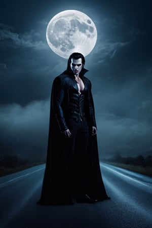 An ultra-realistic  like the muscular vampire standing by the road, cinematic , high quality picture”, full moon behind the clouds and low fog