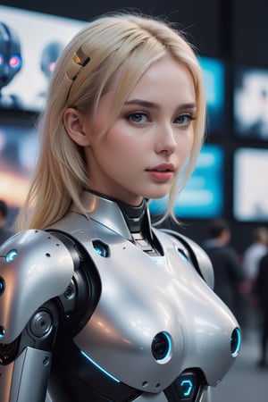 (best quality:1.3),masterpiece,high resolution,photo,realistic,4k,unreal,1 girl,active pose,
standing in front of video wall,hand touching screen,multiple robots,future metropolis,low light,
  blonde hair, grey eyes, full lips,
  gynoid, fembot,
outdoors, futuristic,
