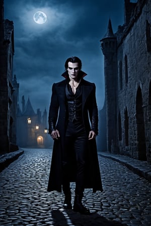 An ultra-realistic  like the muscular vampire, standing by the cobbled street, cinematic , high quality picture”, full moon behind the clouds and low fog, old castle,