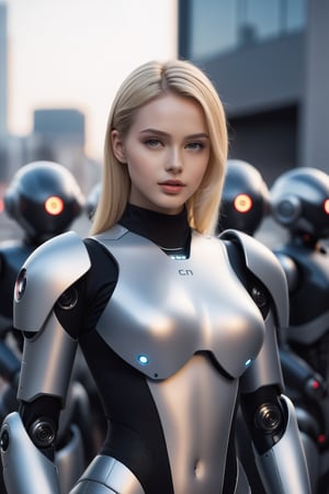 (best quality:1.3),masterpiece,high resolution,photo,realistic,4k,unreal,1 girl,
standing in front of camera, fullbody, standing,hand touching screen,multiple robots,future metropolis,low light,
  blonde hair, grey eyes, full lips,
  gynoid, fembot, 
outdoors, futuristic, 
,character,rubbersuit02