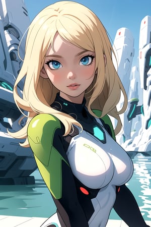 detailed illustration, concept art, masterpiece, anime style, dynamic, futuristic style, wide shot, beautiful, a girl wearing a white and green futuristic tight clothes, blonde hair, detailed face, detailed blue eyes, breast, futuristic water city, alien landscape, expoplanet, rootop, day, 1girl, futuristic colors, bloom, smooth, bokeh, depth of field, intricately detailed, best quality, high resolution