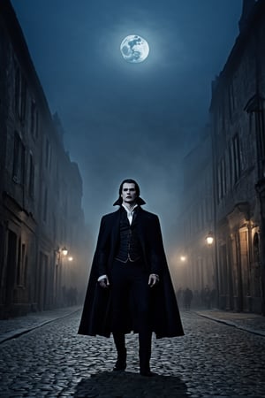 An ultra-realistic  like the muscular vampire, open mouth, standing by the cobbled street, cinematic , high quality picture”, full moon behind the clouds and low fog, old buildings, other people walking behind the street