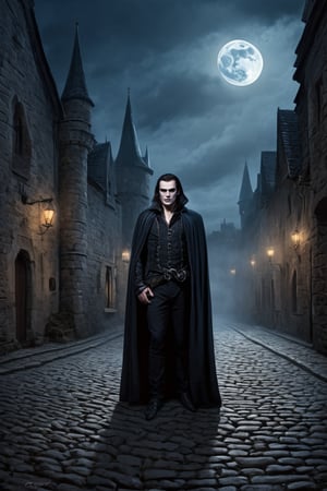 An ultra-realistic  like the muscular vampire, standing by the cobbled street, cinematic , high quality picture”, full moon behind the clouds and low fog, old castle,greg rutkowski