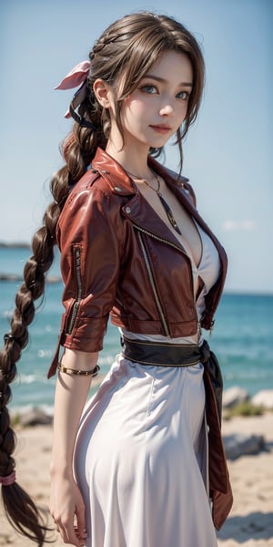 (4K,masterpiece, highres, ultra detailed), 1 female,front view, 25 years old, Aerith Gainsborough of final fantasy VII , more mature looking, plain gradient background,  plain background, hyperrealistic, yuna's final fantasy costume, Aerith's original costume deisgn in Final Fantasy VII symmetrical clothing features, best clothing simulation, no collar, 1female, windy night, yuna's bob hair style,  busty, defined cleavage, middle_breast, thicc body, smile, no dangling sleeves , character facing and looking at camera, looking at you, very vibrant, 
,aerith gainsborough,aerith gainsborough \(cosplay\) standing, 