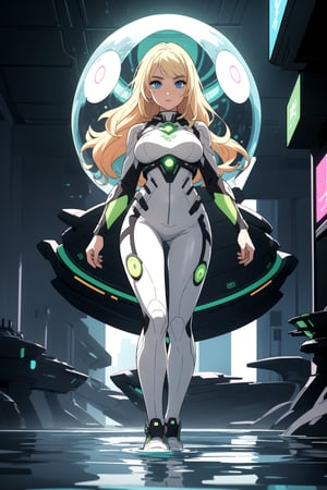 detailed illustration, concept art, masterpiece, anime style, dynamic, futuristic style, wide shot, beautiful, a girl wearing a white and green futuristic tight clothes, blonde hair, detailed face, detailed blue eyes, breast, futuristic water city, alien landscape, expoplanet, rootop, day, 1girl, futuristic colors, bloom, smooth, bokeh, depth of field, intricately detailed, best quality, high resolution, fullbody