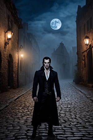 An ultra-realistic  like the muscular vampire standing by the cobbled street, cinematic , high quality picture”, full moon behind the clouds and low fog, old buildings