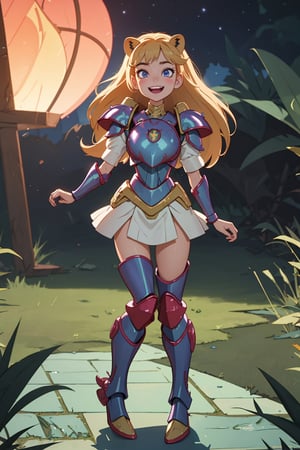 star butterfly, highres, masterpiece, perfect lighting, bloom, cinematic lighting, adult, perfect skin, female, looking at viewer, , ahegao, plaguemarine, armor, power armor, Lion, slime, smile, , Rolling eyes, fullbody, standing