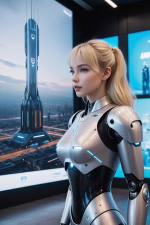 (best quality:1.3),masterpiece,high resolution,photo,realistic,4k,unreal,1 girl,active pose,
standing in front of video wall,hand touching screen,multiple robots,future metropolis,low light,
  blonde hair, grey eyes, full lips,
  gynoid, fembot,
outdoors, futuristic, fullbody
