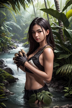 1girl,animal hands, photography, masterpiece, best quality,HDR, highres,realistic details, 40K, HDR, highres, Background is tropical rainforest+clear river,looking at viewer,:), ,  