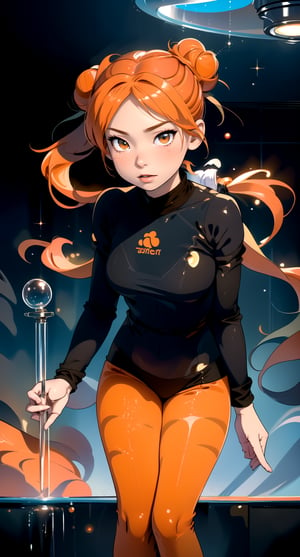 fullbody ,centered, award winning fullbody, detailed face, (beautiful detailed eyes:1.2), | solo, woman, orange hair color, (twintail bun), light orange eyes, depht of field, | space atmosphere, | hyperealistic shadows, smooth detailed, |,haruka,no_humans,asian girl, floating in a glass tube clone machine,