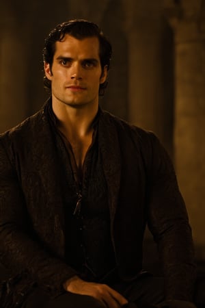 An ultra-realistic  like the muscular vampire, sitting in the castle, cinematic , high quality picture”, Henry Cavill,