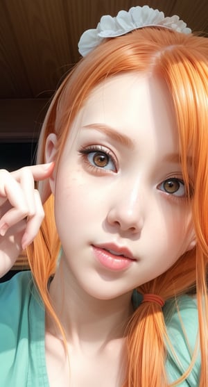 fullbody ,centered, award winning fullbody, detailed face, (beautiful detailed eyes:1.2), | solo, woman, orange hair color, (twintail bun), light orange eyes, depht of field,  hyperealistic shadows, smooth detailed,,haruka,no_humans,asian girl, 