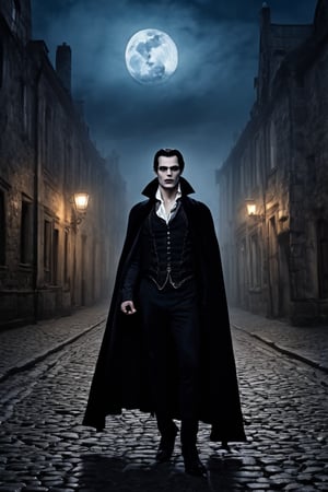 An ultra-realistic  like the muscular vampire, open mouth, standing by the cobbled street, cinematic , high quality picture”, full moon behind the clouds and low fog, old buildings, other people walking behind the street, 