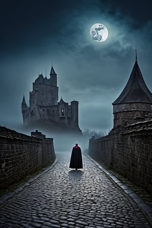 An ultra-realistic  like the muscular vampire, standing by the cobbled street, cinematic , high quality picture”, full moon behind the clouds and low fog, old castle,