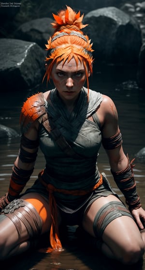 HELLBLADE: SENUA ,fullbody ,centered, award winning fullbody, detailed face, (beautiful detailed eyes:1.2), | solo, woman, orange hair color, (twintail bun), light orange eyes, depht of field,  hyperealistic shadows, smooth detailed,,haruka,no_humans,asian girl, 