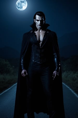 An ultra-realistic  like the muscular vampire standing by the road, cinematic , high quality picture”, full moon