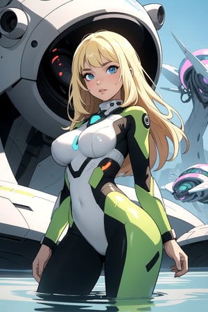 detailed illustration, concept art, masterpiece, anime style, dynamic, futuristic style, wide shot, beautiful, a girl wearing a white and green futuristic tight clothes, blonde hair, detailed face, detailed blue eyes, breast, futuristic water city, alien landscape, expoplanet, rootop, day, 1girl, futuristic colors, bloom, smooth, bokeh, depth of field, intricately detailed, best quality, high resolution