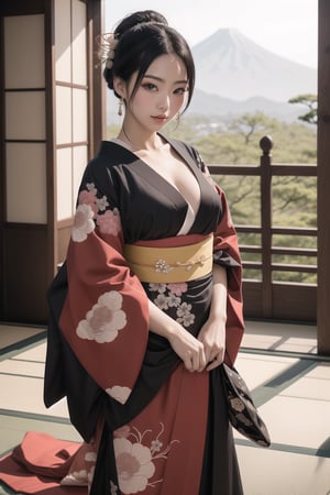 Japanese hentai lady, radiating beauty and grace. Her porcelain skin is flawless, and her eyes, adorned with captivating eyelashes, sparkle with warmth and depth. Her silky black hair is elegantly styled, with delicate accessories adding a touch of sophistication. She is dressed in a traditional kimono, intricately patterned with vibrant colors and delicate embroidery, reflecting the rich cultural heritage of Japan, fullbody, looking at the camera