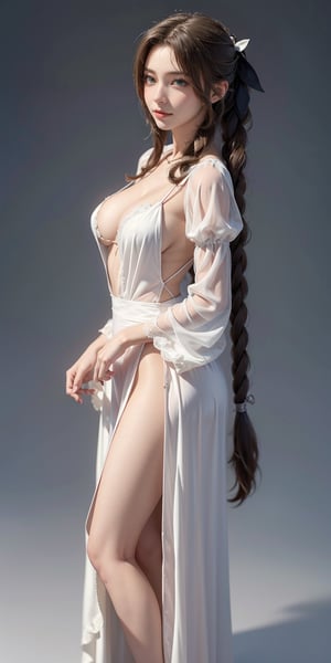 (4K,masterpiece, highres, ultra detailed), 1 female, 25 years old, Aerith Gainsborough of final fantasy VII , more mature looking, plain gradient background,  plain background, hyperrealistic, yuna's final fantasy costume, Aerith's original costume deisgn in Final Fantasy VII symmetrical clothing features, best clothing simulation, no collar, 1female, windy night, yuna's bob hair style,  busty, defined cleavage, middle_breast, thicc body, smile, no dangling sleeves, close-up shot, full frontal shot, zommed in shot, head to hips image scope, , character facing and looking at camera, looking at you, very vibrant, 
,aerith gainsborough,aerith gainsborough \(cosplay\), front-view, fullbody