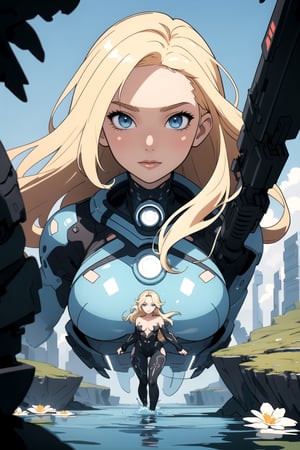 detailed illustration, concept art, masterpiece, anime style, dynamic, futuristic style, wide shot, beautiful, blonde hair, detailed face, detailed blue eyes, breast, futuristic water city, alien landscape, expoplanet, rootop, day, 1girl, futuristic colors, bloom, smooth, bokeh, depth of field, intricately detailed, best quality, high resolution, fullbody, naked,