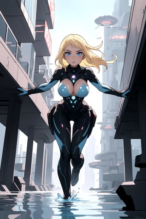 detailed illustration, concept art, masterpiece, anime style, dynamic, futuristic style, wide shot, beautiful, a girl wearing nothing, blonde hair, detailed face, detailed blue eyes, breast, futuristic water city, alien landscape, expoplanet, rootop, day, 1girl, futuristic colors, bloom, smooth, bokeh, depth of field, intricately detailed, best quality, high resolution, fullbody, naked,