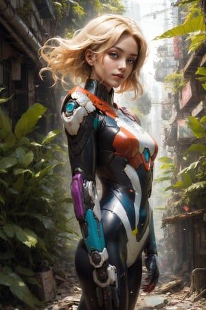 8k portrait of beautiful girl with blonde hair, wearing bodysuit, walking to the viewer, close-up photo, majestic, digital photography, ruled of third composition, art by artgerm and ruan jia and greg rutkowski surreal painting, broken glass, (masterpiece, sidelighting, finely detailed beautiful eyes: 1.2), hdr, (detailed background cyberpunk city in lush rainforest : 0.7),stationary_restraints, musume,,SRS, fullbody, 