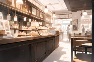 (master piece, best quality), dessert shop, cake, cute odds clutter, cafe items, eye level perspective, no people, only background, warm atmosphere, midjourney, detail background, contemporary