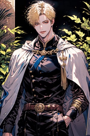 (cowboy_shot:1.2), 1boy, solo, adult, (mature:0.95), tall, handsome man, blond hair, sharp eyes, (smile:0.95), midjourney, cape, pants, in the room, fantasy, plants, sunlight, 1guy,male