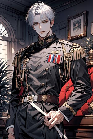 (cowboy_shot:1.1), 1boy, solo, adult, (mature:0.95), tall, handsome man, silver hair, sharp eyes, (smile:0.95), midjourney, dominant, emperor, black uniform, in the room, palace, 1guy,male