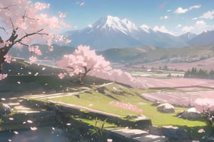 (master piece, best quality), spring, cherry blossom, flower, plant, mountains, no people, only background, midjourney, detail background, landscape