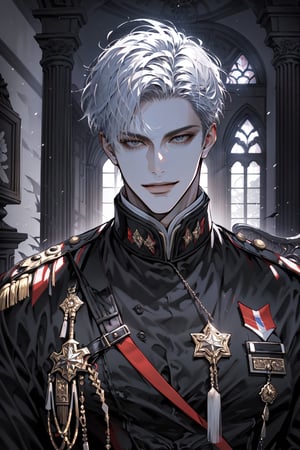 (upper_body:1.1), 1boy, solo, adult, (mature:0.95), tall, handsome man, silver hair, sharp eyes, (smile:0.95), midjourney, dominant, emperor, black uniform, in the room, palace, 1guy,male