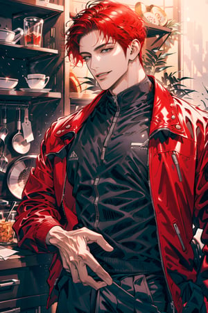 (cowboy_shot:1.1), 1boy, solo, adult, (mature:0.95), tall, handsome man, red hair, sharp eyes, (smile:0.95), midjourney, red jacket, black pants, in the room, kitchen, modern