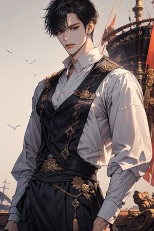 (cowboy_shot:1.1), 1boy, solo, adult, (mature:0.95), tall, handsome man, black hair, (full bangs:1.4), sharp eyes, (clam:0.95),  midjourney, pirate, renaissance, white_blouse, pants, simple background, sunlight, 1guy,male,1girl,niji 6,Realistic