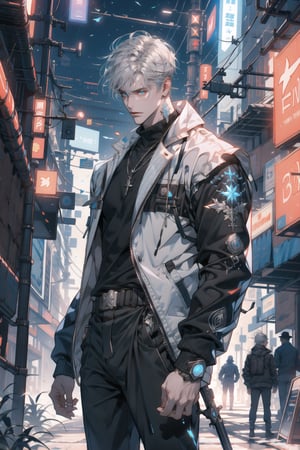 (perfect eyes, looking at viewer), (cowboy_shot:1.1), 1 guy, solo, adult, (mature:0.95), tall, handsome man, silver hair, icy blue eyes, sharp eyes, midjourney, futuristic mercenary, high-tech suit, black pants, cyberpunk city, neon lights, dystopian sf,1boy,niji
