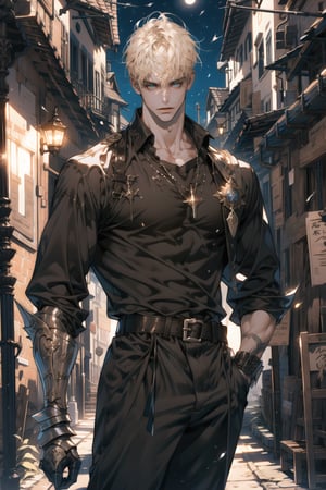 (perfect eyes, looking at viewer), (cowboy_shot:1.1), 1 guy, solo, adult, (mature:0.95), tall, handsome man, blonde hair, sharp eyes, midjourney, rogue, black shirt, dark brown pants, stealthy leather armor, moonlit night, in the alley, urban fantasy,1boy,niji