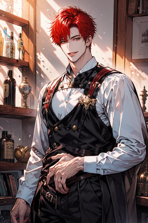 (cowboy_shot:1.2), 1boy, solo, adult, (mature:0.95), tall, handsome man, red hair, sharp eyes, (smile:0.95), midjourney, pants, in the room, fantasy, sunlight, 1guy,male