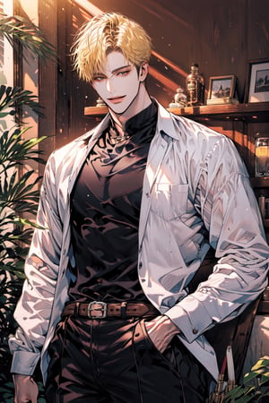 (cowboy_shot:1.2), 1boy, solo, adult, (mature:0.95), tall, handsome man, blond hair, sharp eyes, (smile:0.95), midjourney, pants, in the room, fantasy, sunlight, 1guy,male