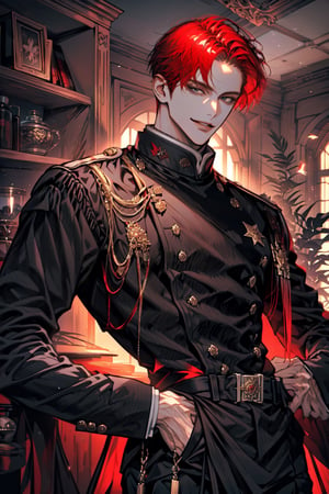 (cowboy_shot:1.1), 1boy, solo, adult, (mature:0.95), tall, handsome man, red hair, sharp eyes, (smile:0.95), midjourney, knights, black uniform, black pants, in the room, fantasy,1guy,male