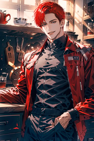 (cowboy_shot:1.1), 1boy, solo, adult, (mature:0.95), tall, handsome man, red hair, sharp eyes, (smile:0.95), midjourney, jacket, black pants, in the room, kitchen, modern, 1boy