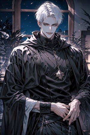 (cowboy_shot:1.2), 1boy, solo, adult, (mature:0.95), tall, handsome man, white hair, sharp eyes, (smile:0.95), midjourney, black cloak, pants, in the room, fantasy, night, gothic, 1guy,male